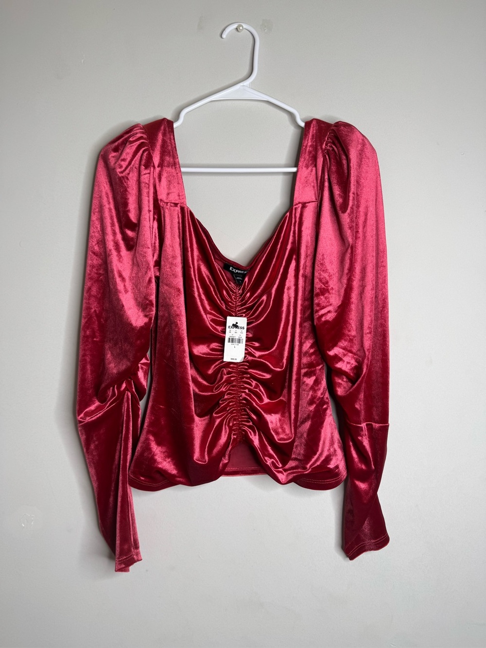 Express Red Ruched Velvet Puff-Sleeve Blouse